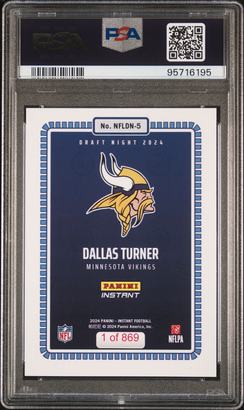 Graded 2024 Panini Instant NFL Dallas Turner #5 Draft Night Rookie RC Football Card PSA 9 Mint