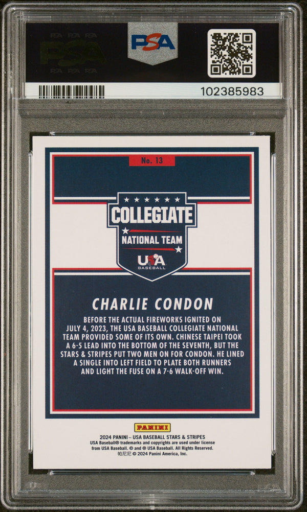 Graded 2024 Panini Stars & Stripes USA Charlie Condon #13 Rookie RC Baseball Card PSA 10 Gem Mint