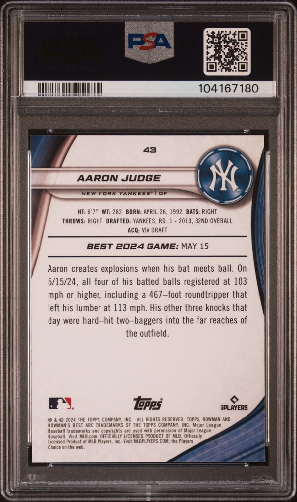 Graded 2024 Topps Bowmans Best Aaron Judge #43 Mini Diamond #/299 Baseball Card PSA 10 Gem Mint