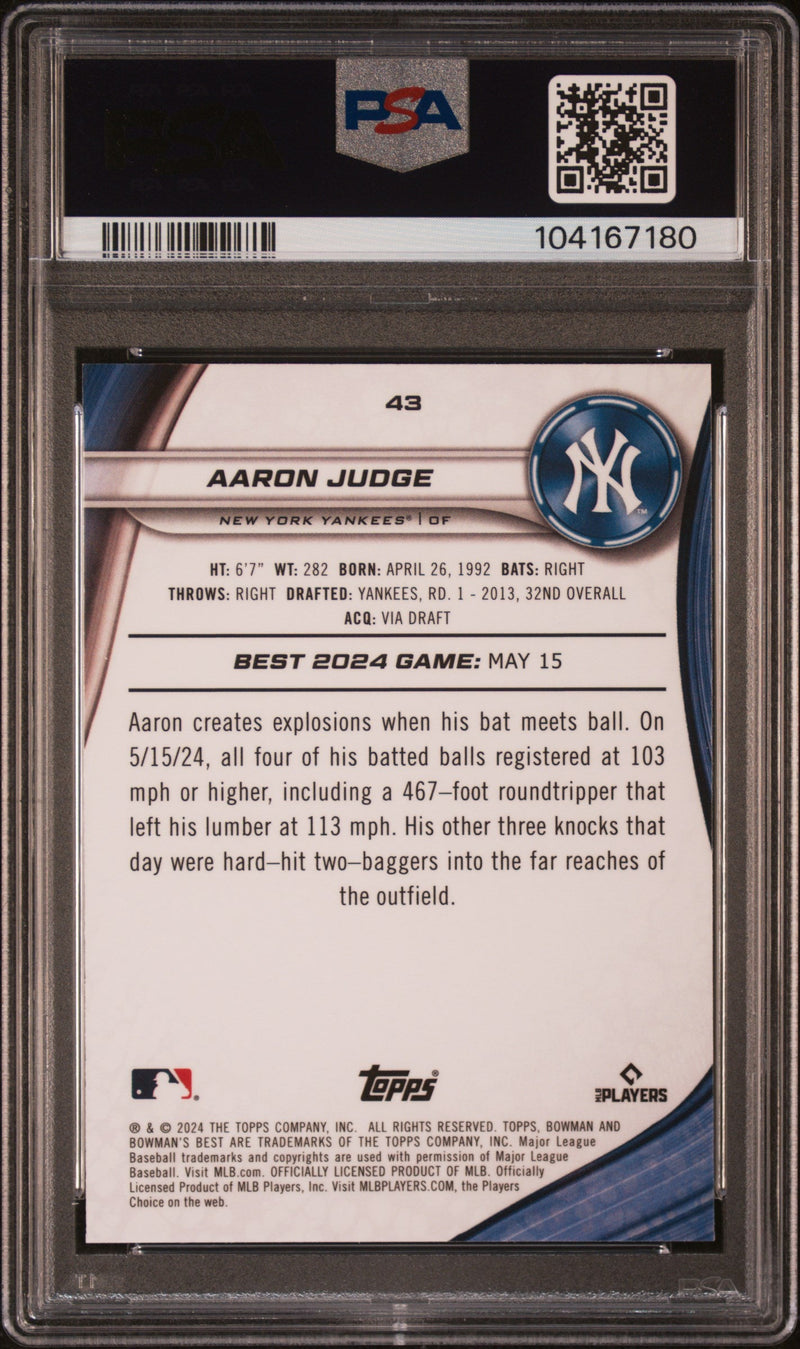 Graded 2024 Topps Bowmans Best Aaron Judge #43 Mini Diamond #/299 Baseball Card PSA 10 Gem Mint