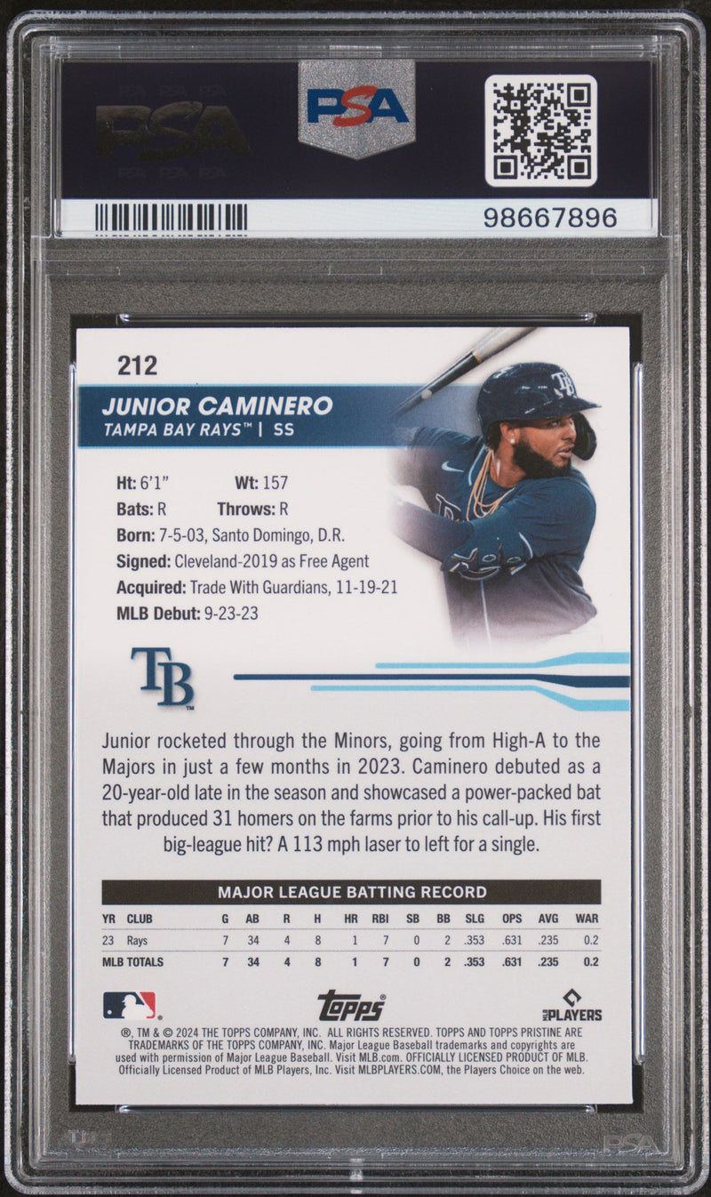 Graded 2024 Topps Pristine Junior Caminero #212 Purple Refractor /99 Rookie RC Baseball Card PSA 10 Gem Mint