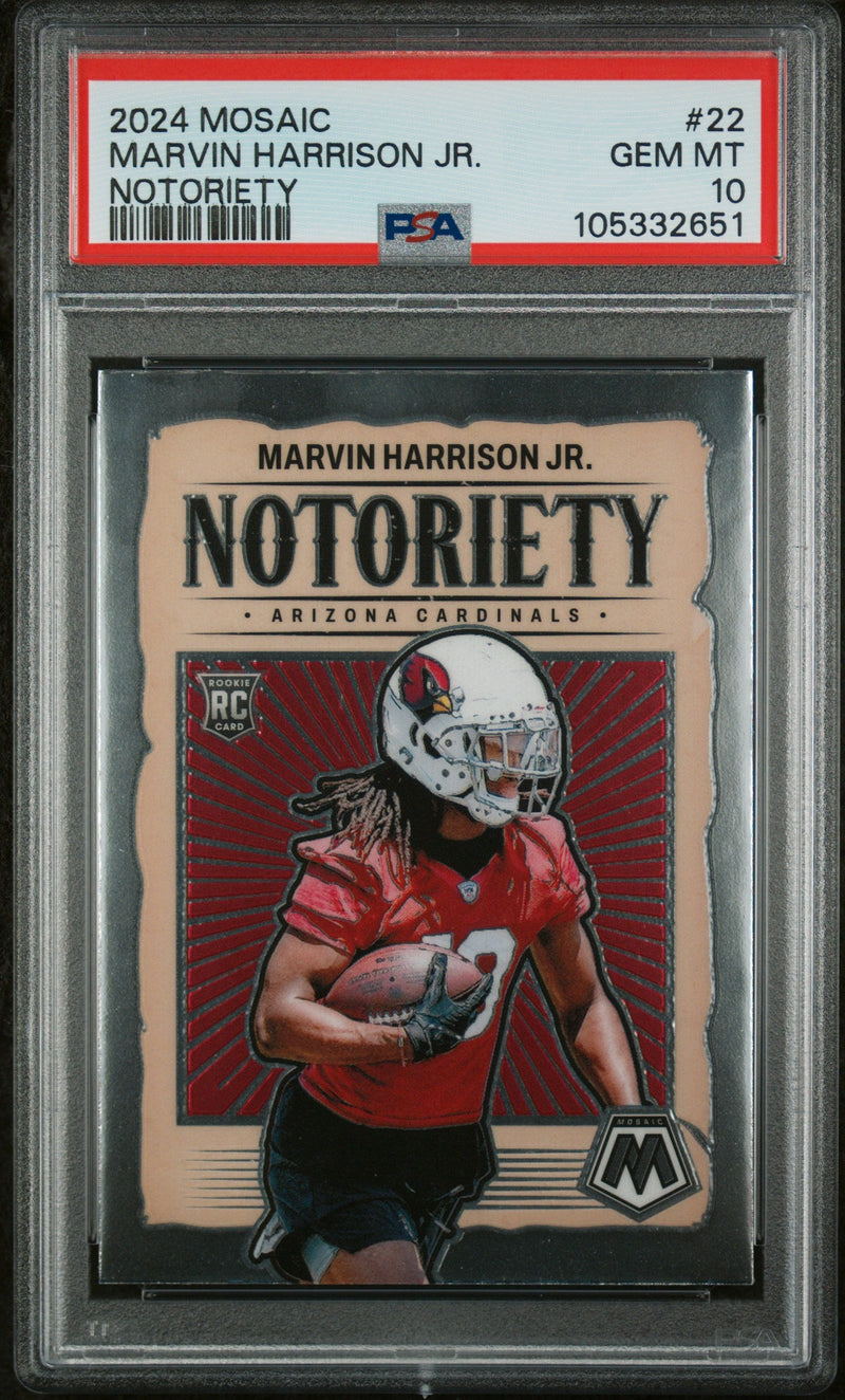 Graded 2024 Panini Mosaic Marvin Harrison Jr #22 Notoriety Rookie RC Football Card PSA 10 Gem Mint