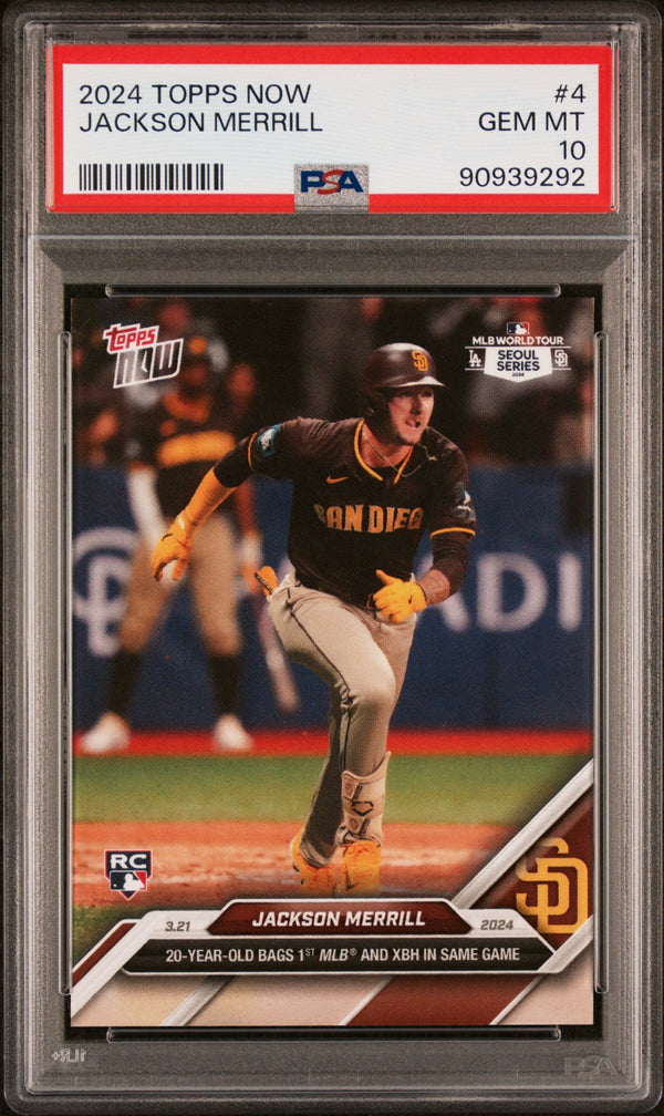 Graded 2024 Topps Now Jackson Merrill #4 Seoul Series Rookie RC Baseball Card PSA 10 Gem Mint