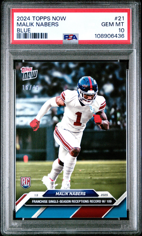 Graded 2024 Topps Now Malik Nabers #21 Blue /49 Rookie RC Football Card PSA 10 Gem Mint