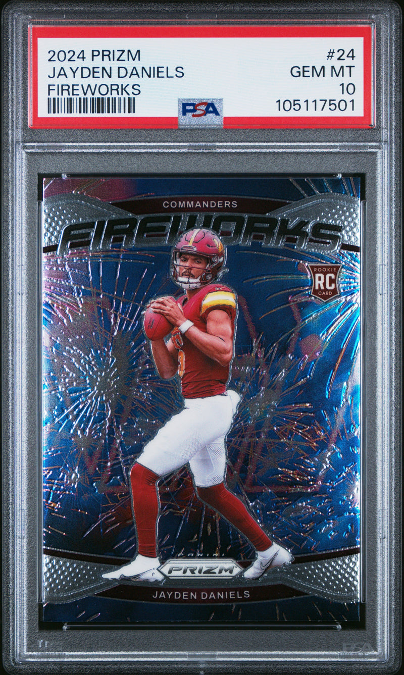 Graded 2024 Panini Prizm Jayden Daniels #24 Fireworks Rookie RC Football Card PSA 10 Gem Mint