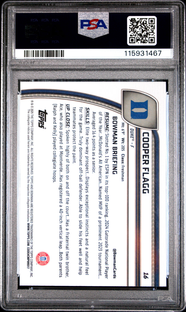 Graded 2024 Topps Bowman Chrome U Cooper Flagg #16 Rookie RC Basketball Card PSA 9 Mint