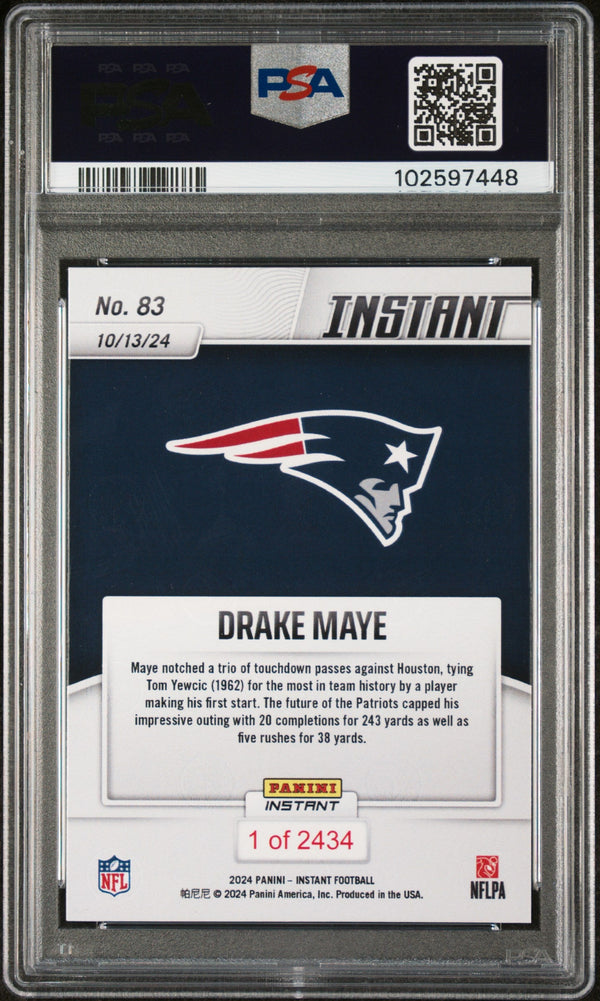 Graded 2024 Panini Instant NFL Drake Maye #83 Rookie RC Football Card PSA 10 Gem Mint