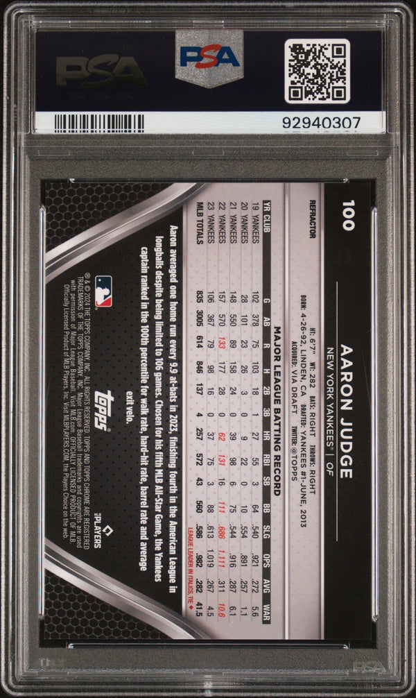 Graded 2024 Topps Chrome Black Aaron Judge #100 Refractor #/199 Baseball Card PSA 10 Gem Mint
