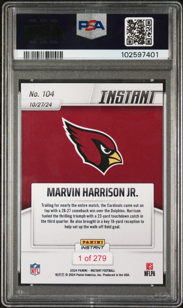 Graded 2024 Panini Instant NFL Marvin Harrison Jr #104 Rookie RC Football Card PSA 10 Gem Mint