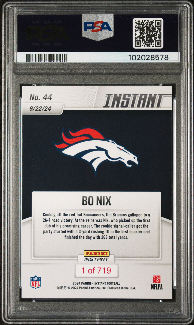 Graded 2024 Panini Instant NFL Bo Nix #44 Rookie RC Football Card PSA 10 Gem Mint