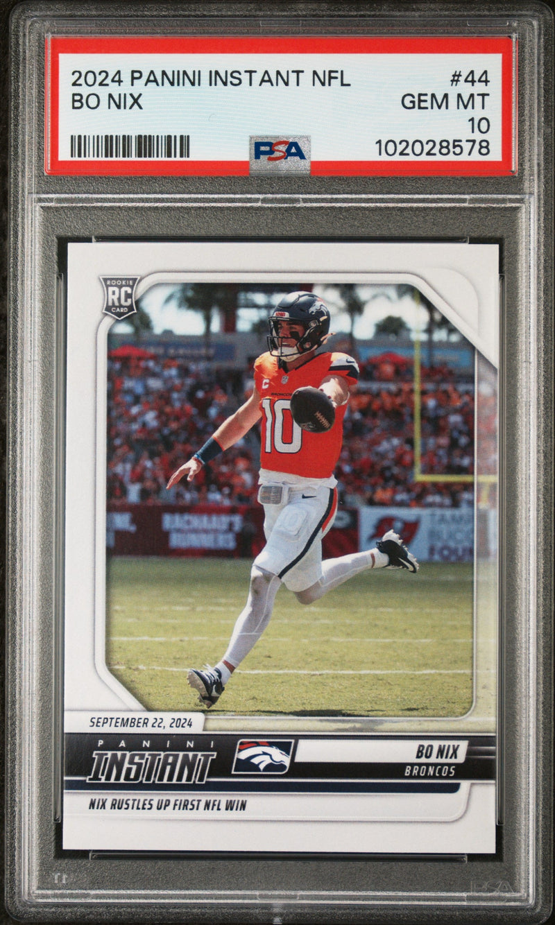 Graded 2024 Panini Instant NFL Bo Nix #44 Rookie RC Football Card PSA 10 Gem Mint