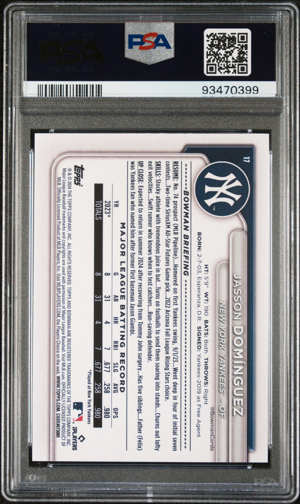 Graded 2024 Topps Bowman Jasson Dominguez #17 Rookie RC Baseball Card PSA 9 Mint