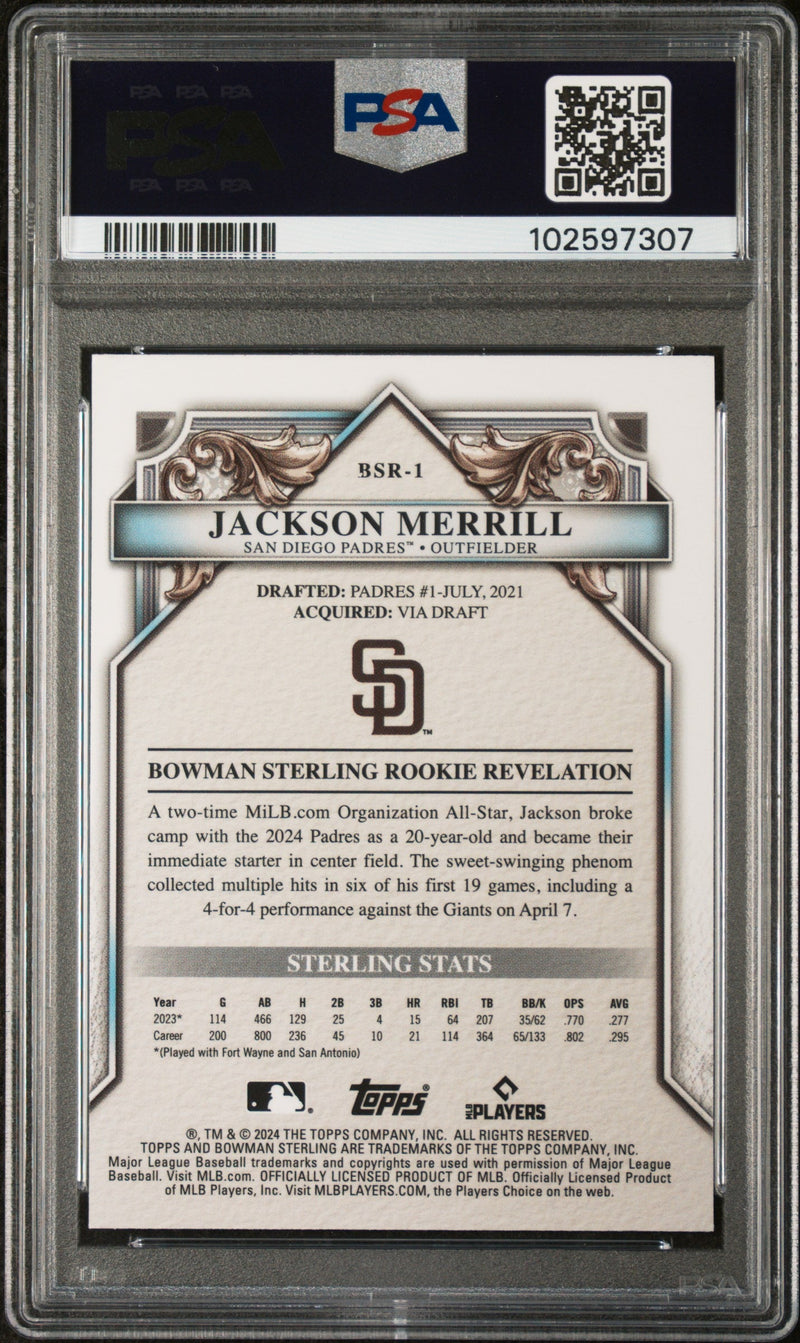 Graded 2024 Topps Bowman Sterling Jackson Merrill #BSR1 Rookies Rookie RC Baseball Card PSA 8 Near Mint