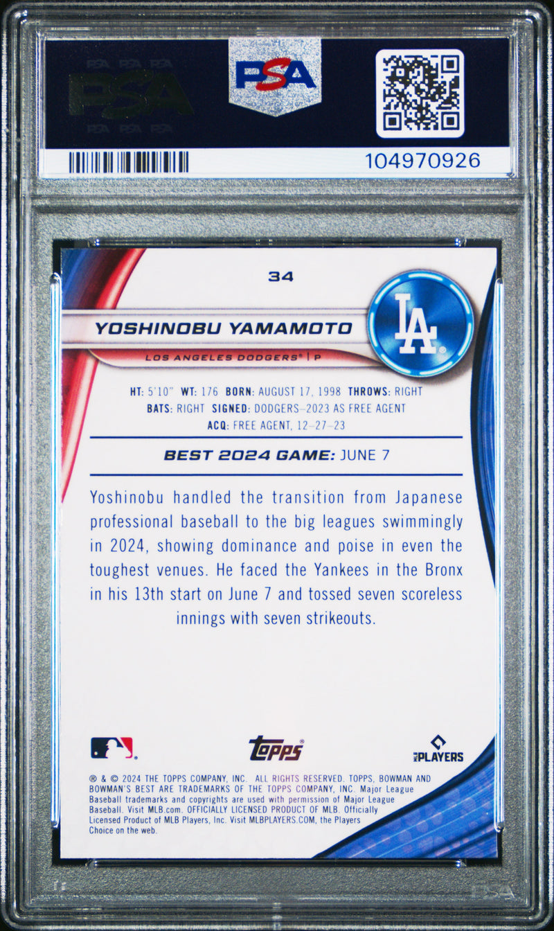 Graded 2024 Topps Bowmans Best Yoshinobu Yamamoto #34 Rookie RC Baseball Card PSA 10 Gem Mint