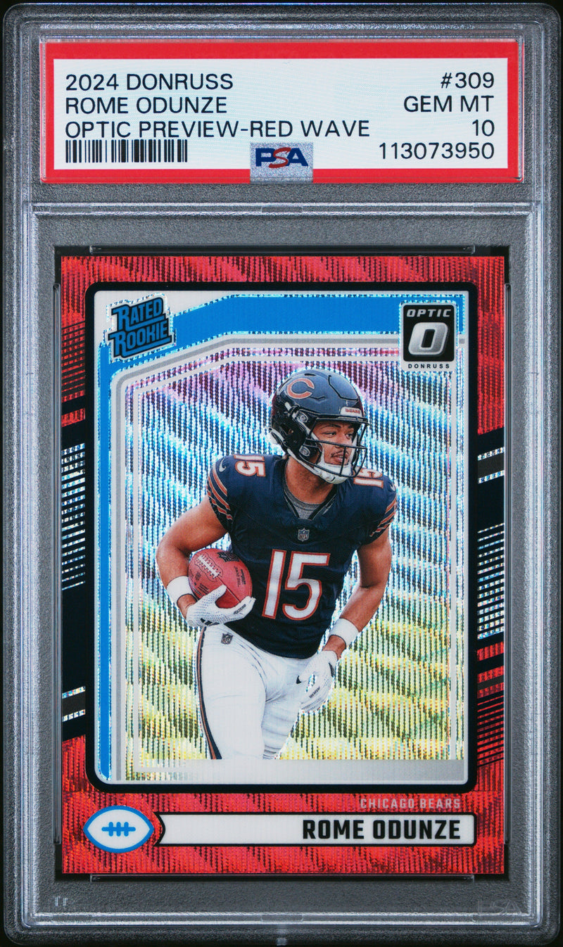 Graded 2024 Panini Donruss Rome Odunze #309 Optic Preview Red Wave Rookie RC Football Card PSA 10 Gem Mint