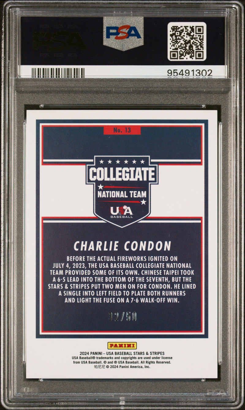 Graded 2024 Panini Stars & Stripes USA Charlie Condon #13 Stars & Stripes #/50 Rookie RC Baseball Card PSA 10 Gem Mint