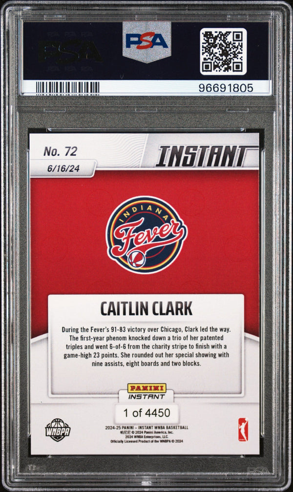 Graded 2024 Panini Instant WNBA Caitlin Clark #72 Rookie RC Basketball Card PSA 10 Gem Mint