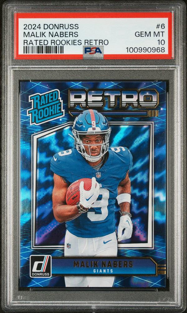 Graded 2024 Panini Donruss Malik Nabers #6 Rated Rookies Retro Rookie RC Football Card PSA 10 Gem Mint