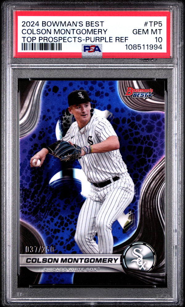 Graded 2024 Topps Bowmans Best Colson Montgomery #TP5 Top Prospects Purple Refractor /250 Rookie RC Baseball Card PSA 10 Gem Mint