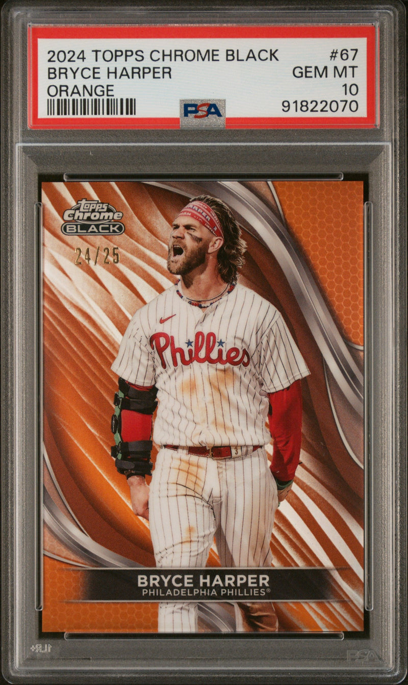 Graded 2024 Topps Chrome Black Bryce Harper #67 Orange #/25 Baseball Card PSA 10 Gem Mint