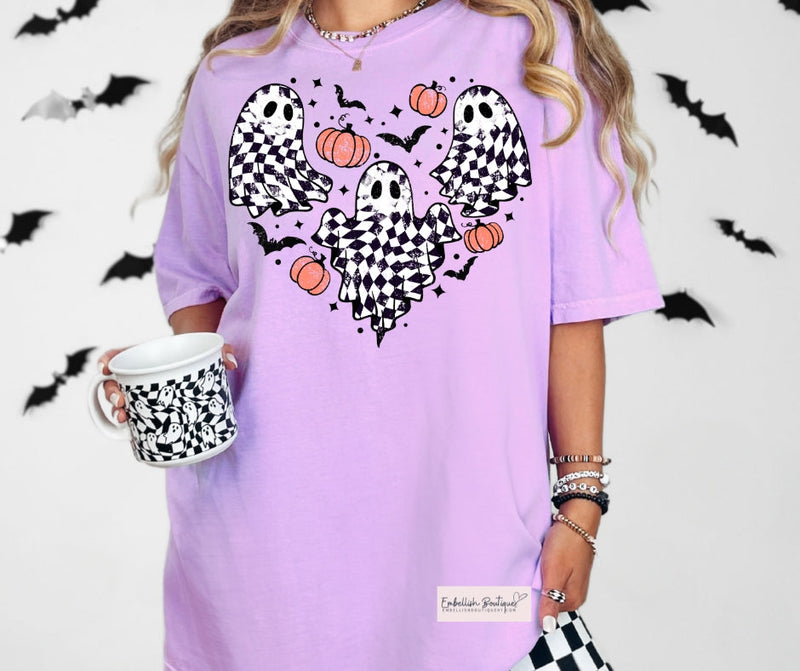 Purple Comfort Colors Tee with Checkered Ghosts and Pumpkins