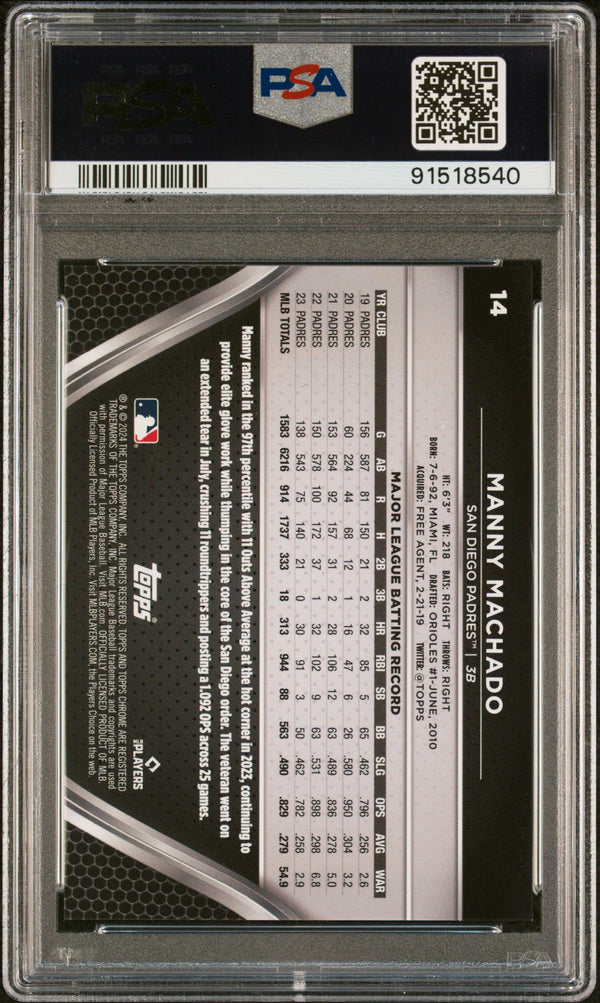 Graded 2024 Topps Chrome Black Manny Machado #14 Orange #/25 Baseball Card PSA 10 Gem Mint