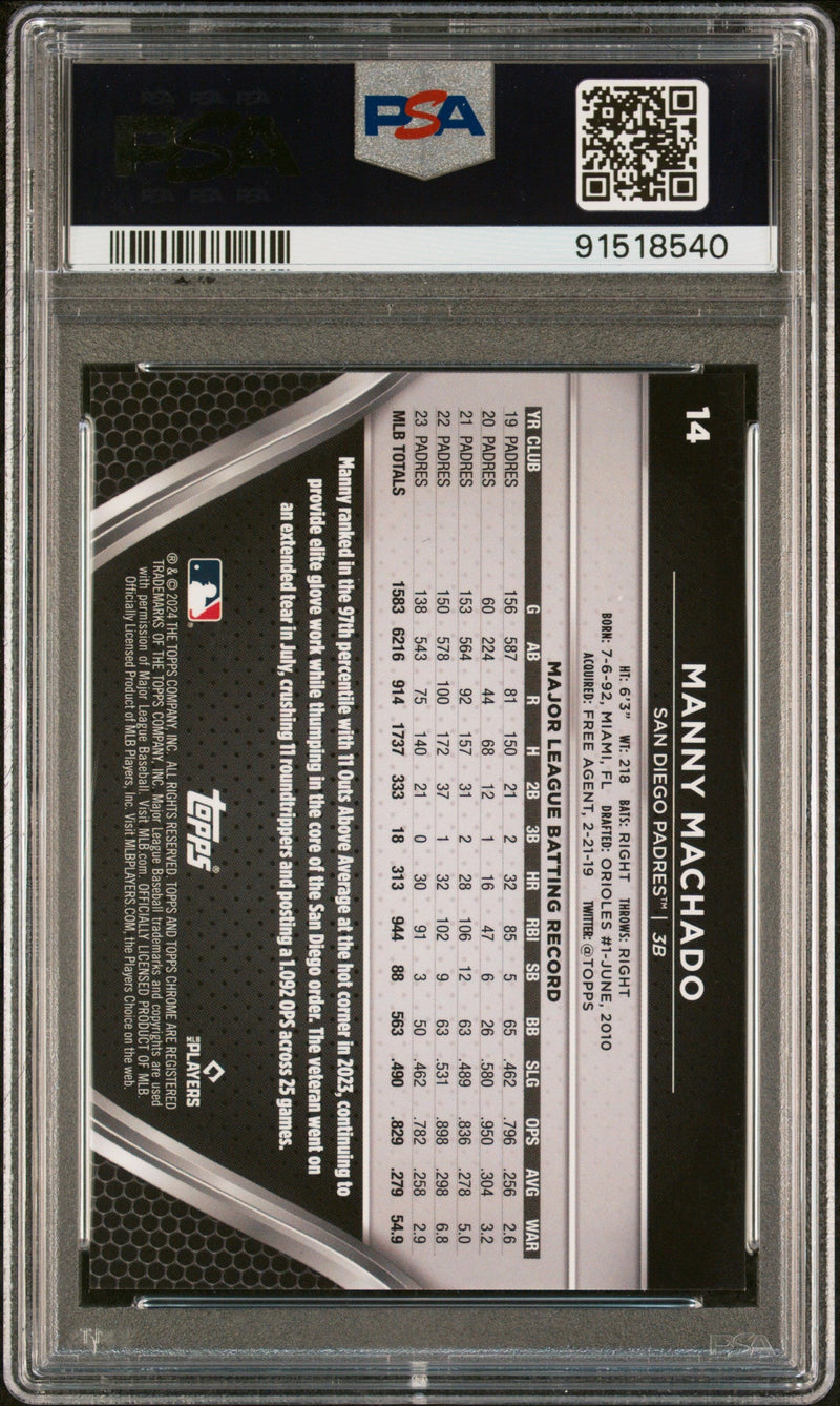 Graded 2024 Topps Chrome Black Manny Machado #14 Orange #/25 Baseball Card PSA 10 Gem Mint