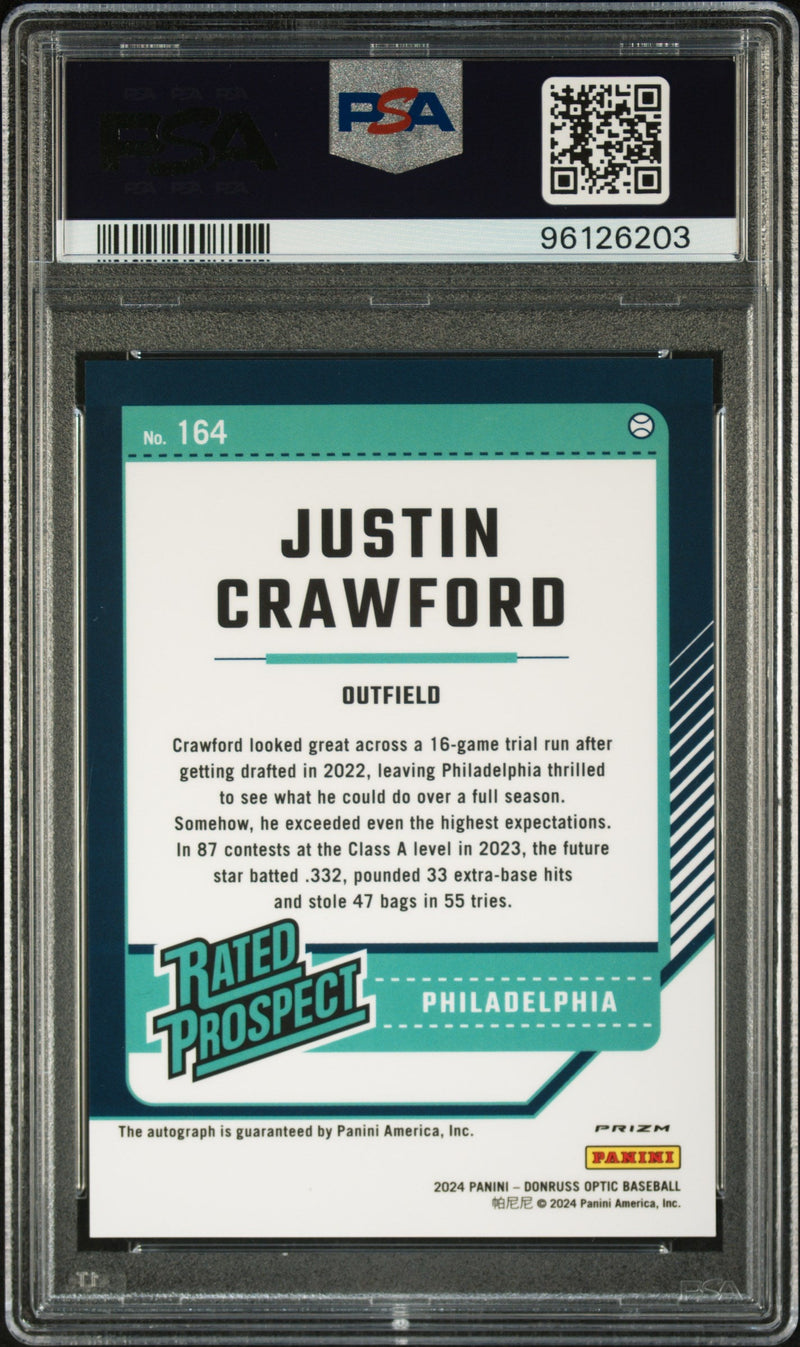 Graded 2024 Panini Donruss Justin Crawford #164 Optic Signature Rookie RC Baseball Card PSA 10 Gem Mint