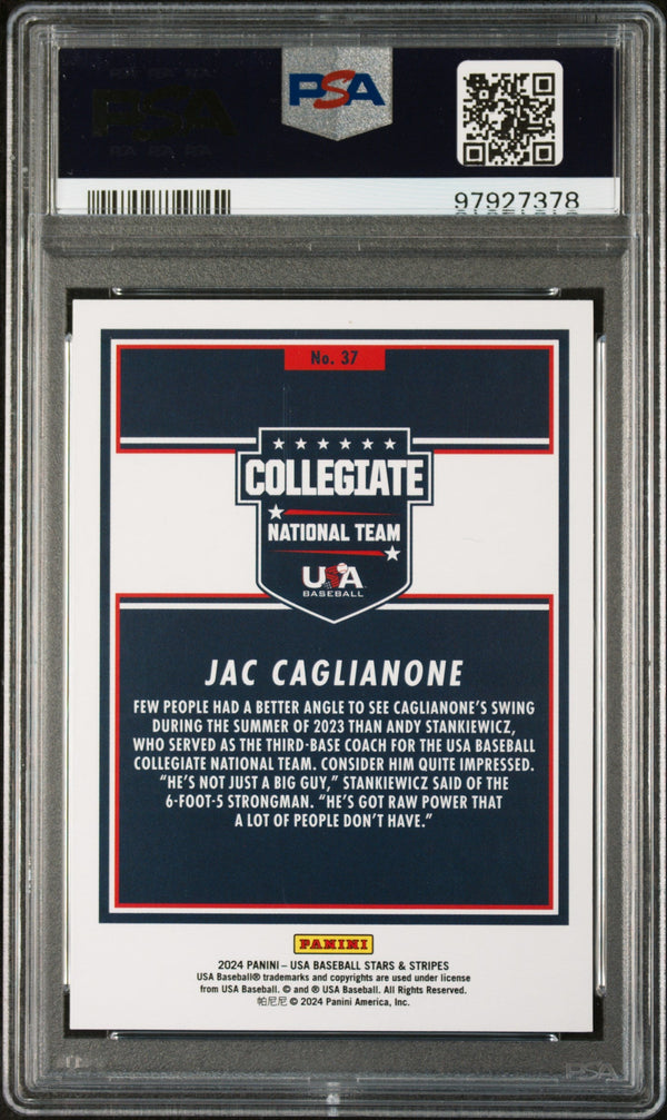 Graded 2024 Panini Stars & Stripes USA Jac Caglianone #37 Opening Day Rookie RC Baseball Card PSA 10 Gem Mint