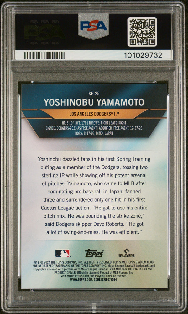 Graded 2024 Topps Stadium Club Yoshinobu Yamamoto #SF25 Special Forces Rookie RC Baseball Card PSA 10 Gem Mint