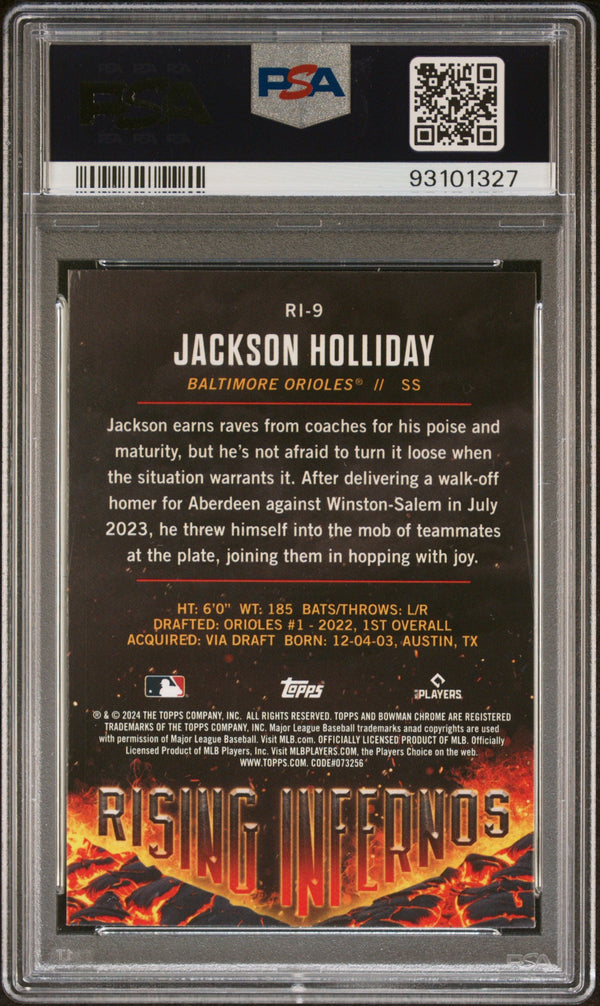 Graded 2024 Topps Bowman Jackson Holliday #RI9 Rising Infernos Rookie RC Baseball Card PSA 10 Gem Mint