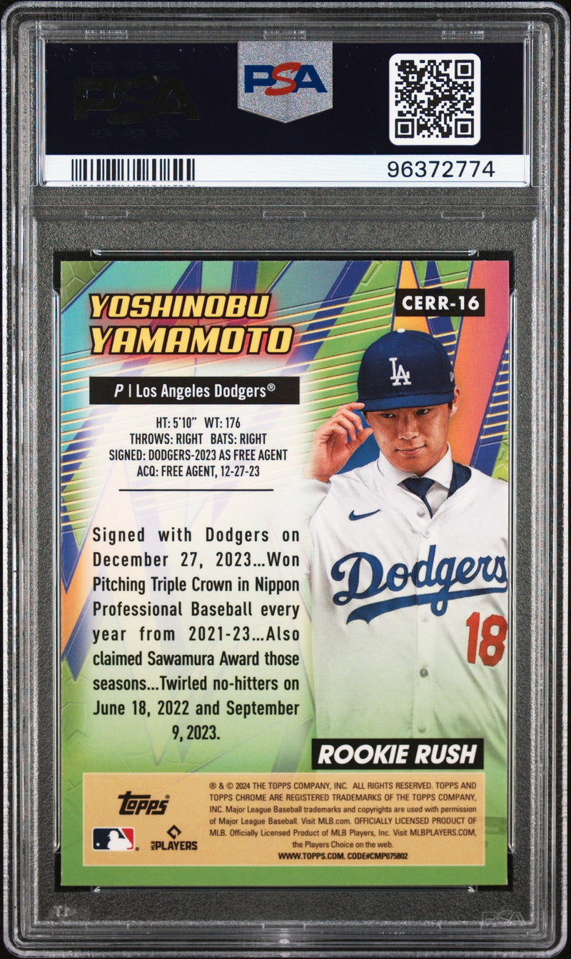 Graded 2024 Topps Chrome Yoshinobu Yamamoto #16 All Etch Rookie Rush Rookie RC Baseball Card PSA 10 Gem Mint