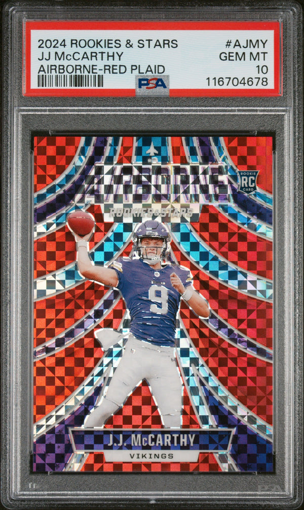 Graded 2024 Panini Rookies & Stars JJ McCarthy #AJMY Airborne Red Plaid Rookie RC Football Card PSA 10 Gem Mint
