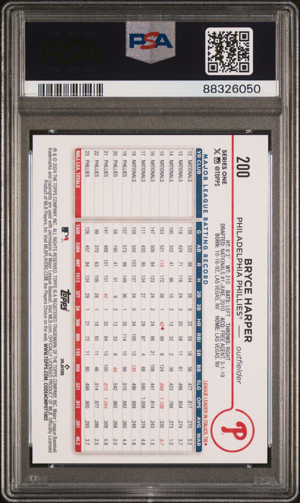 Graded 2024 Topps Bryce Harper #200 Baseball Card PSA 10 Gem Mint