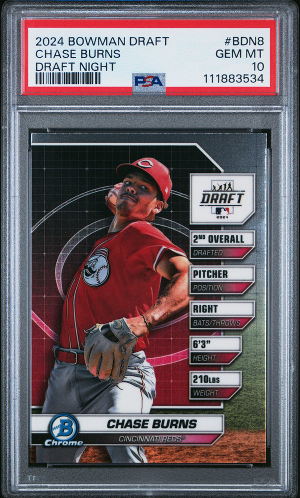 Graded 2024 Topps Bowman Draft Chase Burns #BDN8 Draft Night Rookie RC Baseball Card PSA 10 Gem Mint
