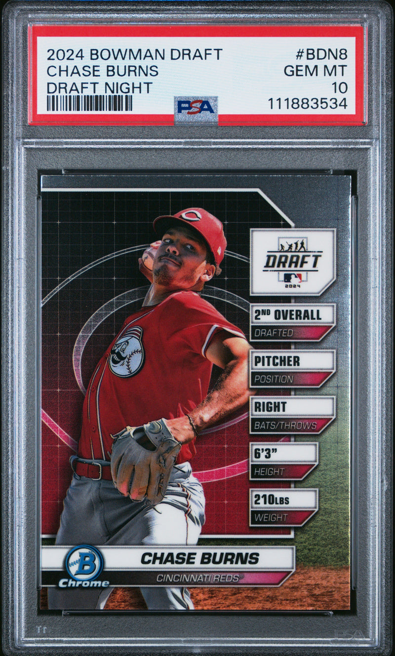 Graded 2024 Topps Bowman Draft Chase Burns #BDN8 Draft Night Rookie RC Baseball Card PSA 10 Gem Mint