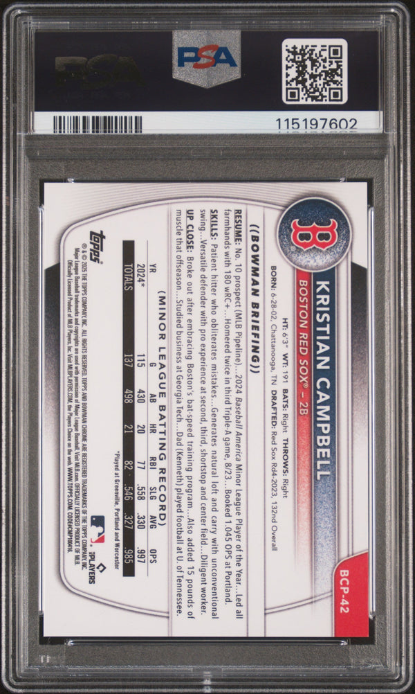 Graded 2025 Topps Bowman Kristian Campbell #BCP42 Chrome Prospects Gold Geometric /50 Rookie RC Baseball Card PSA 10 Gem Mint