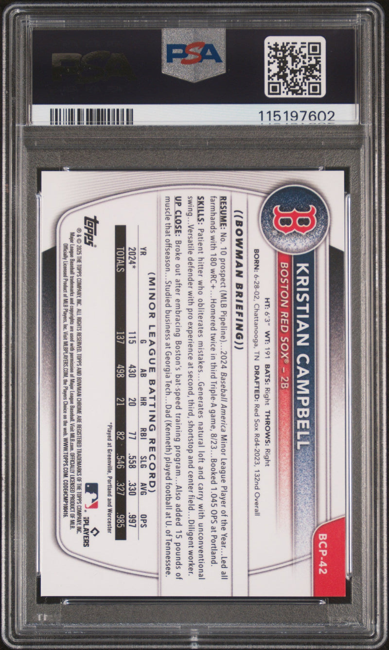 Graded 2025 Topps Bowman Kristian Campbell #BCP42 Chrome Prospects Gold Geometric /50 Rookie RC Baseball Card PSA 10 Gem Mint
