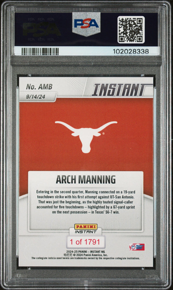 Graded 2024 Panini Instant NIL Arch Manning #AMB Rookie RC Football Card PSA 10 Gem Mint