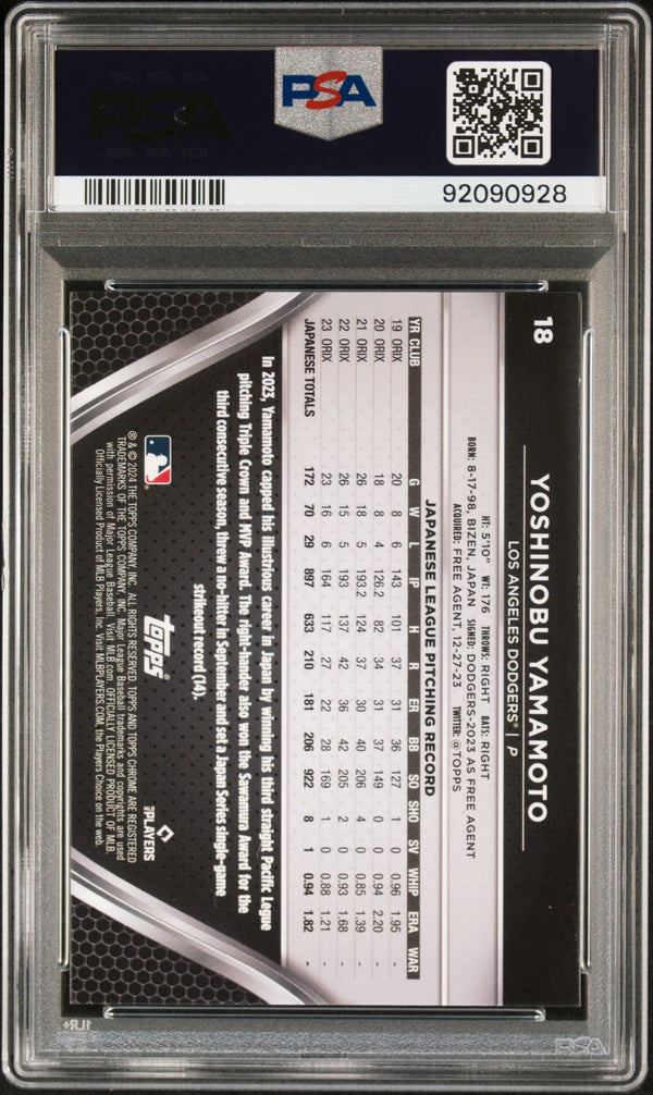 Graded 2024 Topps Chrome Black Yoshinobu Yamamoto #18 Rookie RC Baseball Card PSA 10 Gem Mint