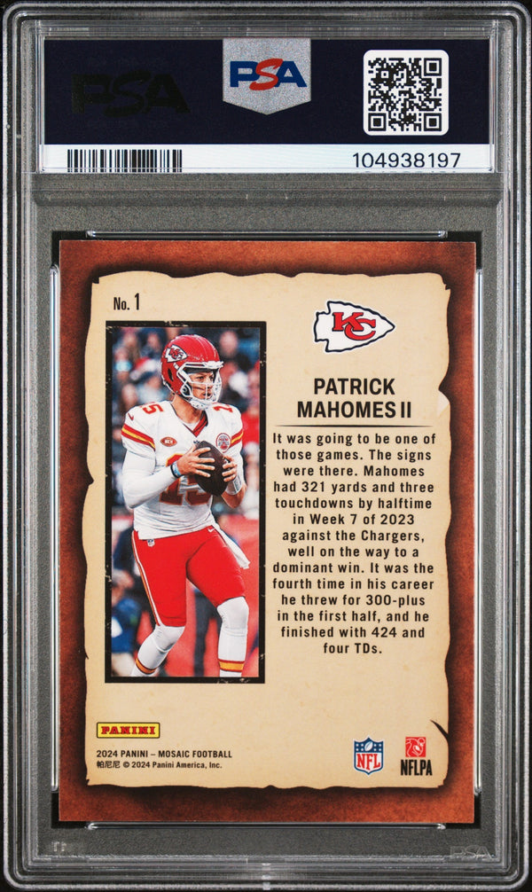 Graded 2024 Panini Mosaic Patrick Mahomes II #1 Notoriety Football Card PSA 10 Gem Mint