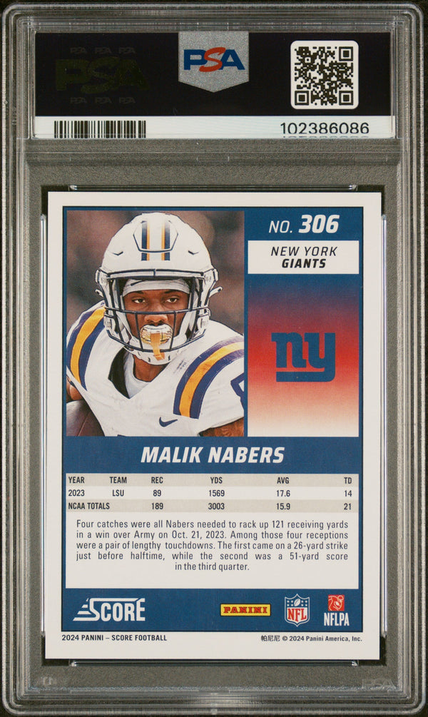 Graded 2024 Panini Score Malik Nabers #306 Rookie RC Football Card PSA 9 Mint