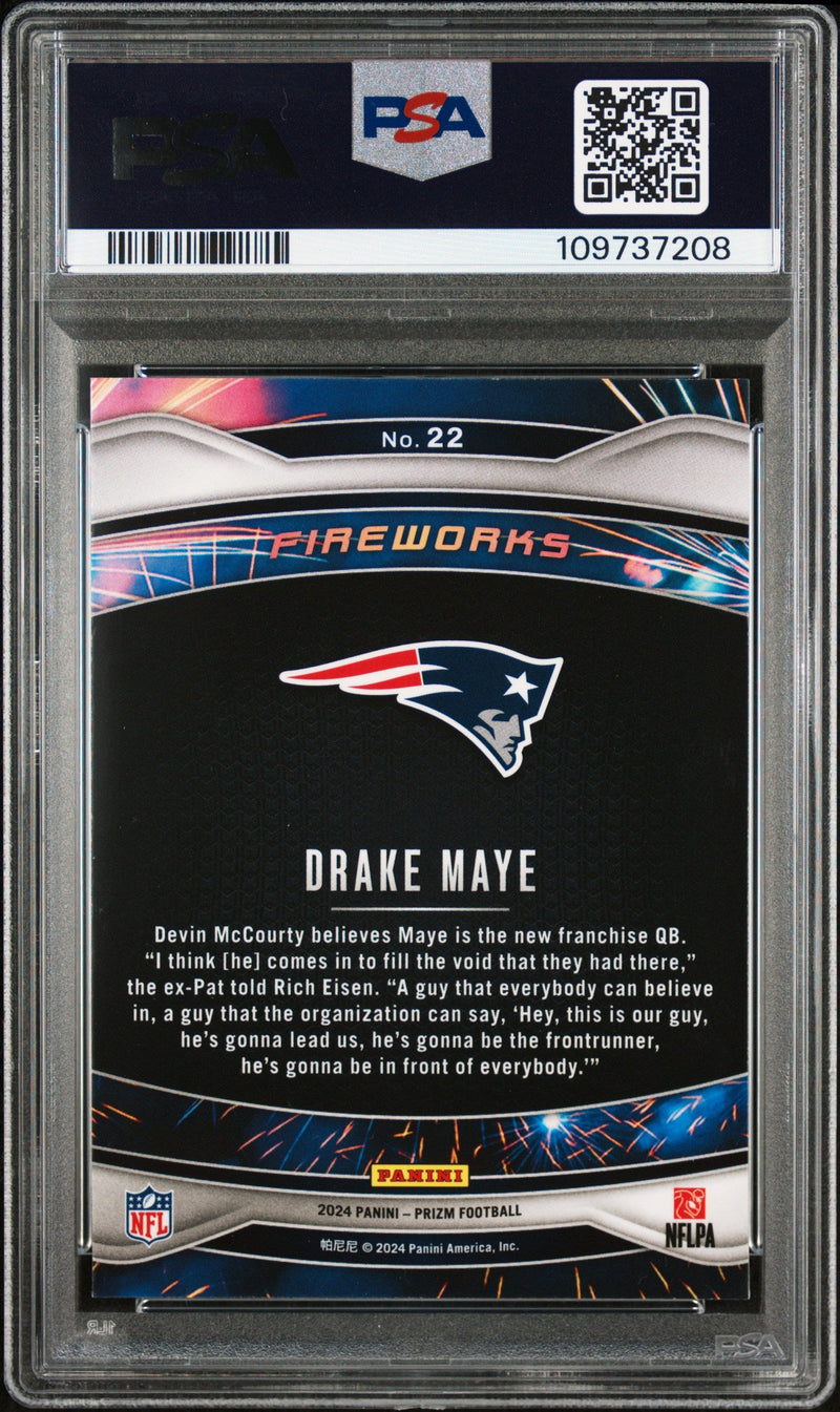 Graded 2024 Panini Prizm Drake Maye #22 Fireworks Rookie RC Football Card PSA 10 Gem Mint