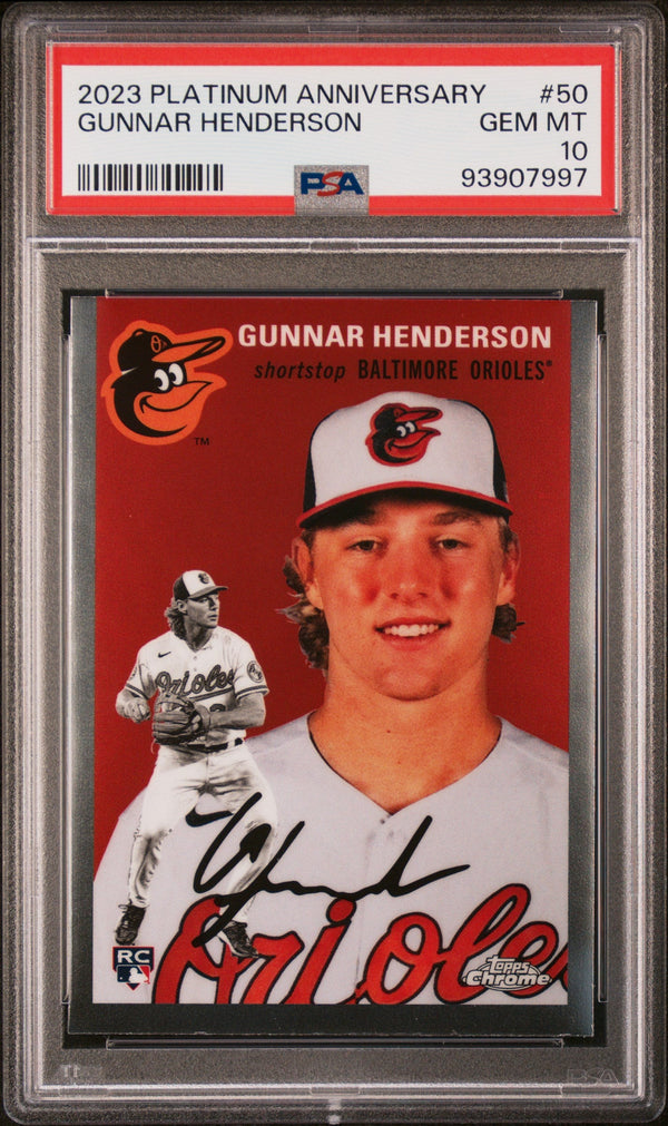 Graded 2023 Topps Platinum Anniversary Gunnar Henderson #50 Rookie RC Baseball Card PSA 10 Gem Mint