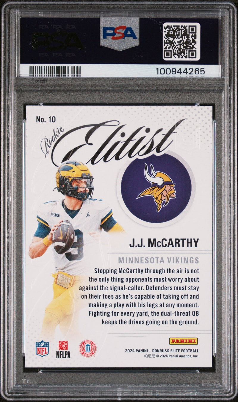 Graded 2024 Panini Donruss Elite JJ McCarthy #10 Rookie Elitist Rookie RC Football Card PSA 10 Gem Mint