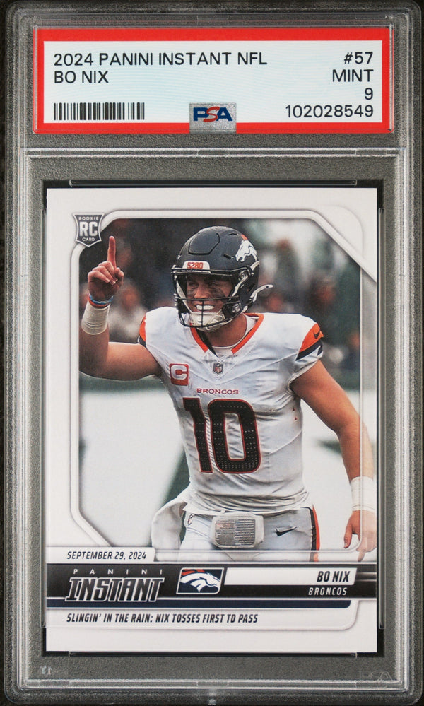 Graded 2024 Panini Instant NFL Bo Nix #57 Rookie RC Football Card PSA 9 Mint