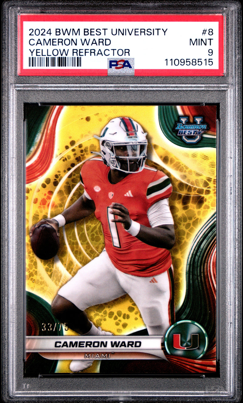 Graded 2024 Topps Bowman Best University Cam Ward #8 Yellow Refractor /75 Rookie RC Football Card PSA 9 Mint