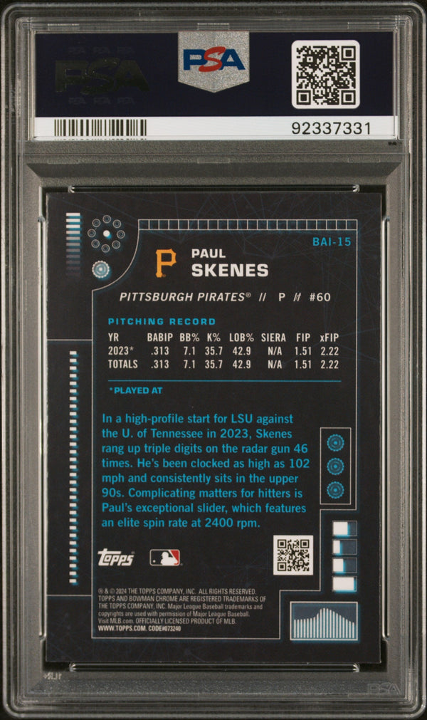 Graded 2024 Topps Bowman Paul Skenes #BAI15 AI Rookie RC Baseball Card PSA 9 Mint