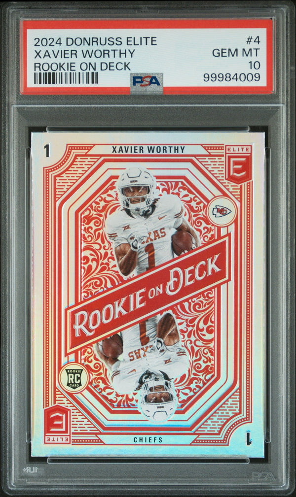 Graded 2024 Panini Donruss Elite Xavier Worthy #4 Rookie On Deck Rookie RC Football Card PSA 10 Gem Mint