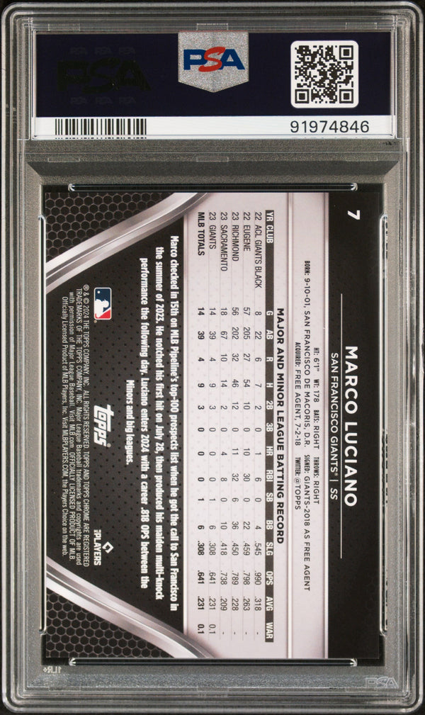 Graded 2024 Topps Chrome Black Marco Luciano #7 Gold Mini Diamond #/50 Rookie RC Baseball Card PSA 10 Gem Mint
